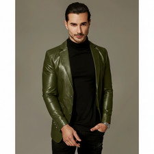 Olive Green Men's Leather Blazer Genuine Soft Lambskin Two Button Coat Blazer