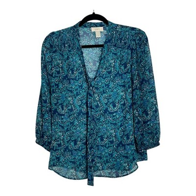 Ann Taylor Loft Womens XS Teal Blue Paisley Tie Front Smocked 3/4 Sleeve Blouse