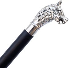 Vintage Silver Brass Wolf Head Handle Victorian Wooden Walking stick Shaft Cane