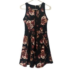 Bar III Womens Dress Fit & Flare Knee Length XS Floral Black Burgundy Zipper