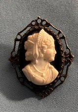 Vintage Cameo Sterling Silver Black Brooch Pin 1.75 Inches Nice Shape