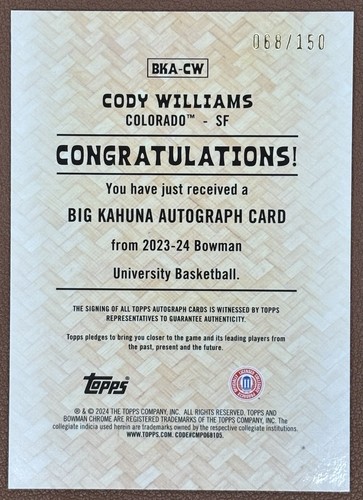 2023-24 Bowman U Chrome Cody Williams /150 The Big Kahuna Autograph (RC) - Picture 4 of 5