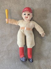 Vintage 1940's Cloth Celluloid Baseball Doll Made in Japan Red Trim 8"