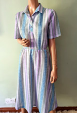 Vintage 1970s 14 Purple Blue Striped Shirt Dress