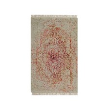 2'x3'1" Ivory-Pink Hand Knotted Erased Medallion Design Wool and Silk Mat Rug
