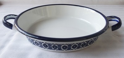 Rare Vintage Emalia Olkusz Polish Enamelware Cookware White and Cobalt Blue