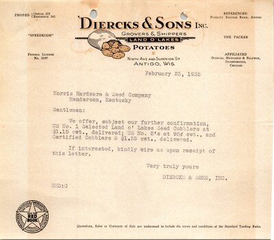 Diercks & Sons Antigo WI 1935 Letterhead Land O Lakes Potatoes Vignette