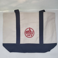 BRAND NEW TRADER JOE'S LARGE CANVAS TOTE BAG NAVY BLUE - 20 X 11.5 in