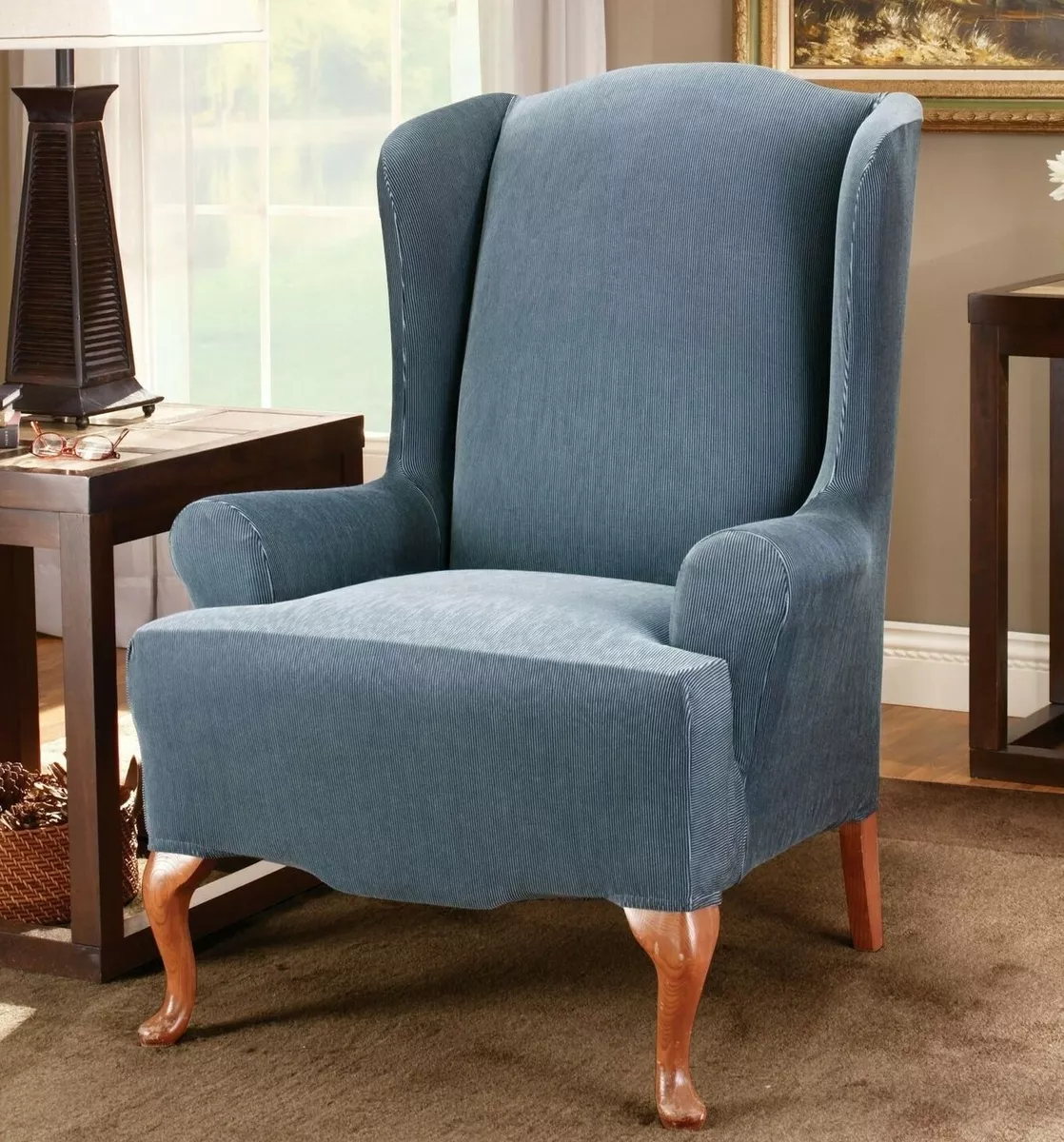 Sure fit stretch stripe wing chair slipcover navy blue one piece