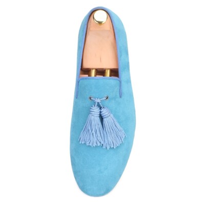 baby blue mens dress shoes Men FERUCCI Light Blue Suede Slippers Loafers Flat With Big Blue Tassel