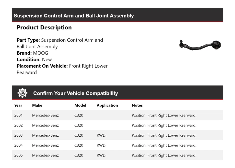 Рычаг управления передний правый нижний задний для Mercedes-Benz C320 2001-2005 годов выпуска MOOG - Изображение 2 из 4