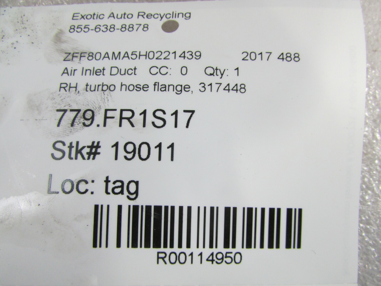 Ferrari 488, RH Right Turbo Hose Flange, Used, P/N 317448