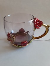 Ornate Metal Enamel RED ROSE Butterfly Glass Tea Mug ARC of France 32CL