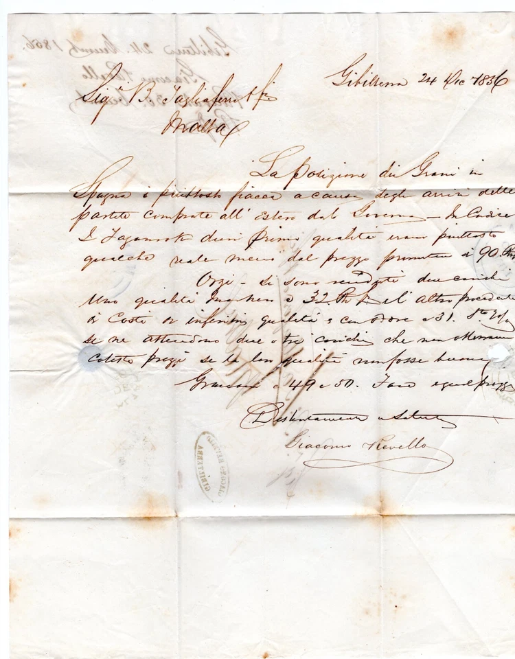 Gibraltar 1856 Giacomo & Revello Stampless Folded Cover to Malta With Letter - Image 3 of 3