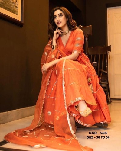 Designer Women Indian Orange Anarkali Rayon 3 Piece Readymade Eid Salwar Kameez - Picture 14 of 15