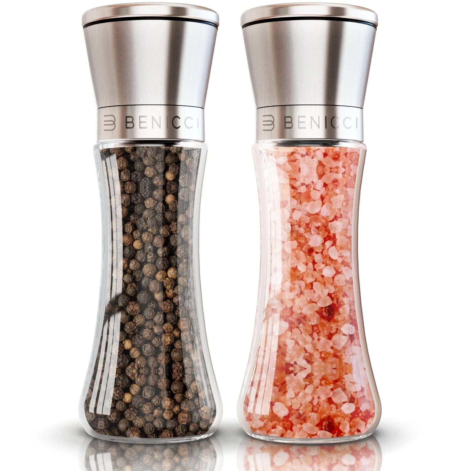 2 Pack Refillable Stainless Steel Glass Salt and Pepper Grinder Set for Spices