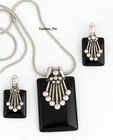 Black Onyx Pendant & Earrings Set with Chain – Oxidized Art Deco Style Jewelry
