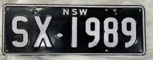 Vintage NSW Black & White Collector’s Car NUMBER PLATE “SX1989” Tin Sign