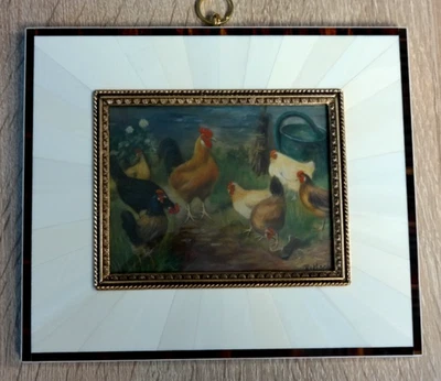 R. Moch Lupenmalerei Miniaturen Vögel "Hühner mit Hahn" Rahmen 14,5 x 12,5 cm - Bild 1 von 4
