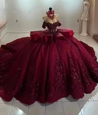 Quinceanera Dress Beading Lace Flower Birthday Party Train Vestidos De 15 Anos