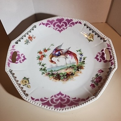 Vtg Otto Grunert Kahla Peacock Handled Cake Plate Serving Dish Crazing On Bottom