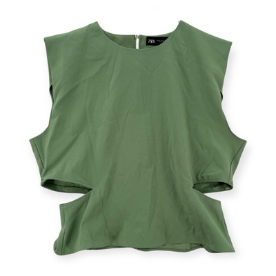 ZARA Cutout Waist Top Womens XL Back Zip Green Stretch Modern Tank NWT