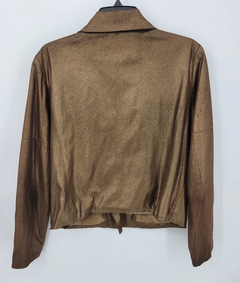 Ellen Tracy Jacket Womens Large Brown Metallic Quilted Moto Zip Cropped Blazer - Image 2 of 4