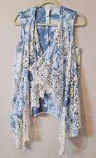 Chico  s Blue Tie Dye Lace Vest Size 2 Lrg Boho Open Front Cotton Blend