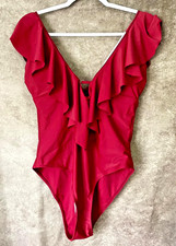 NWT Women's One Piece Dark Red Swimsuit Flounce Top Tummy Control Size Large