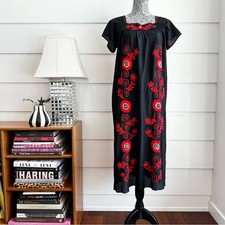 Vintage 1970s Mexican Embroidered Nylon Dress Boho Artisan Festival Dress