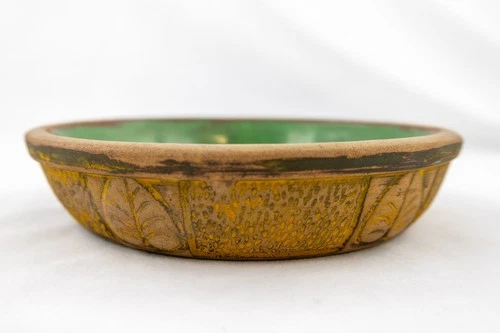 VTG Red Wing Union Stoneware 7 1/4” Brush Ware Low Bowl w/Birch Leaves Green