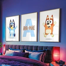 Personalised Bluey Wall Art Girl/Boy Bedroom Nursery Bingo Blue Prints Set of 3