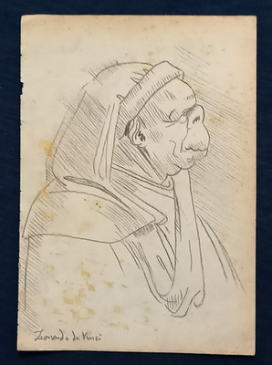 Leonardo Da Vinci Drawing on paper (Handmade) signed and stamped mixed media.