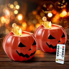 2PCS Halloween Pumpkin LED Candles with Remote, Flickering Flameless Wax Lights