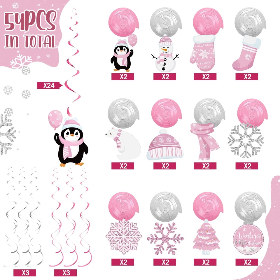 54 Piezas Invierno Onederland 1er Cumpleaños Niña Decoraciones Rosa Colgante Remolinos Ba... Foto 3 de 4