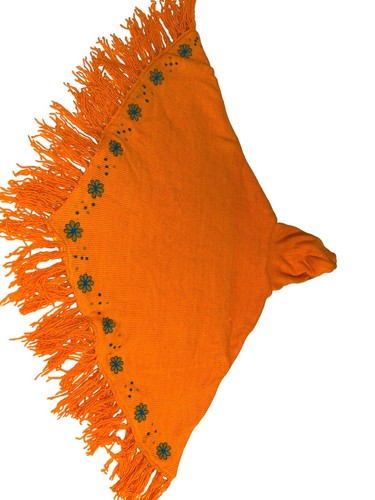 Vintage 100 % Nepal Wolle Poncho Neon orange blau Blume bestickt schwer gefüttert - Bild 15 von 15
