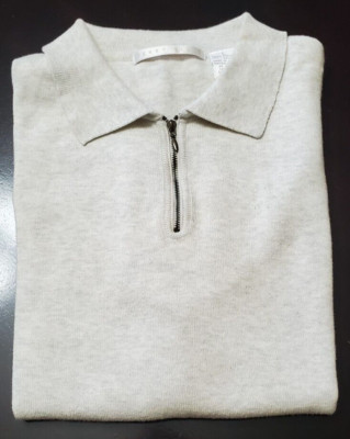 PERRY ELLIS SHORT SLEEVE DRESS POLO SHIRT LARGE ZIP COLLAR LT STONE RARE VINTAGE