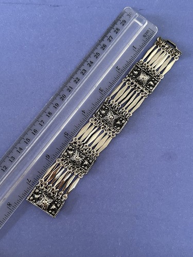 Bracelet Mexico Alpaca Silver Links Statement 1 in Wide Elaborate Stunning - Picture 9 of 11