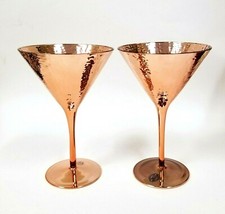 NEW SET OF 2 METALLIC HAMMERED COPPER,ROSE GOLD+REFLECTIVE MARTINI+STEM GLASS