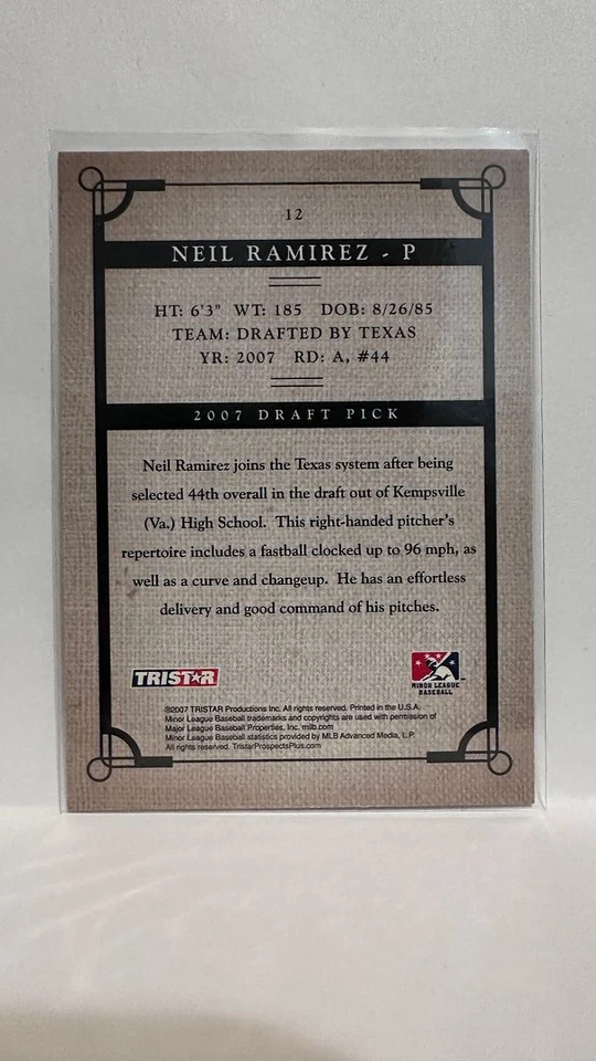 #12 Neil Ramirez 2007 Draft Rangers 2007 Tristar Prospects Plus Baseball Card - Image 2 of 2