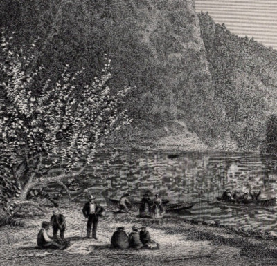 DELAWARE WATER GAP - River Landscape with Boaters & Picnic 1872 Steel Engraving
