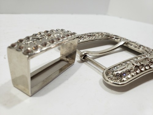 2pc Rhinestone belt buckle, Western Cowgirl Cowboy 3 1/3 x 3 1/8 Silver nickel - Picture 3 of 6