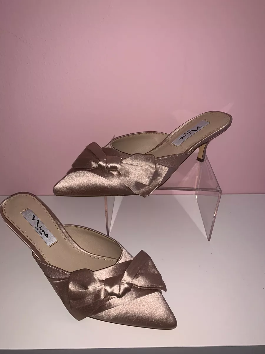 NEW NINA 38 8 Champagne Beige Satin Pointy Mules Designer Heels Womens  Shoes | eBay