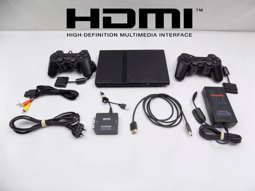 Ps2 Playstation 2 Black Slim Console Bundle + HDMI Converter + 2x Controllers