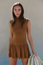 Free People Good Feels Drop-Waist Slim Mock Mini Dress, Brown, X-Small, RRP $68