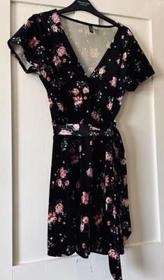 Nwot H&M Divided Black Velour Velvet Floral Mock Wrap Dress UK10 L37''