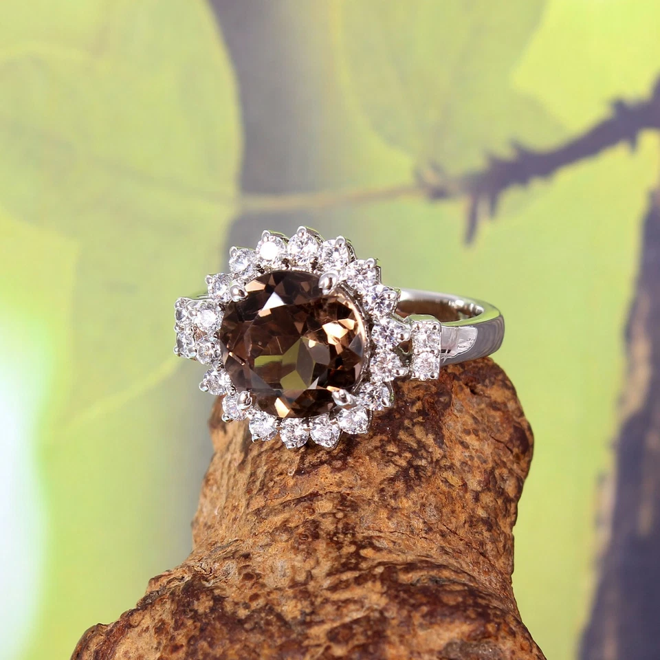 Anillo de cuarzo ahumado piedras preciosas plata 925 hecho a mano declaración halo racimo Foto 2 de 4