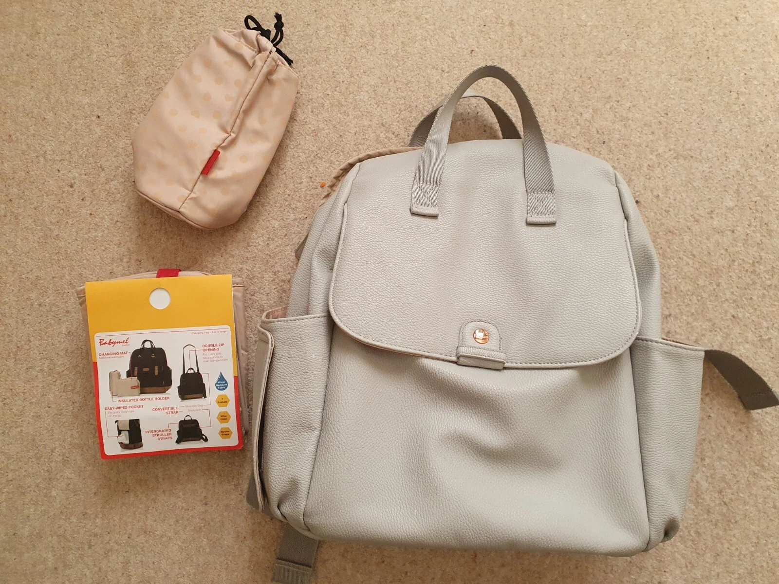 USED Babymel Robyn Convertible Vegan Leather Backpack Changing Bag Grey
