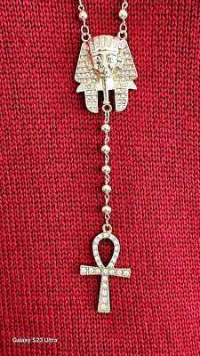EGYPTIAN PHARAOH King Tut ankh cross21'' bead rosary hip hop necklace. NWOT