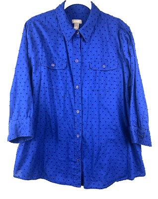 Chicos Women Blouse Top Large Royal Blue Button Up 3/4 Sleeve Gauzy Dotted Swiss
